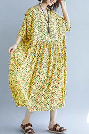 French o neck Cinched cotton dress 2024 design yellow print A Line Dresses Summer