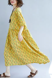 French o neck Cinched cotton dress 2024 design yellow print A Line Dresses Summer