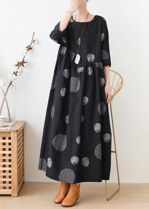 French o neck Cinched dresses Neckline black dotted Maxi Dress - SooLinen