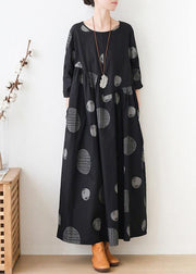 French o neck Cinched dresses Neckline black dotted Maxi Dress - SooLinen