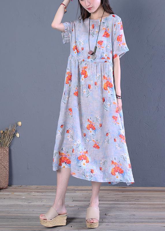 French o neck Cinched linen Robes Wardrobes blue print Dress - SooLinen