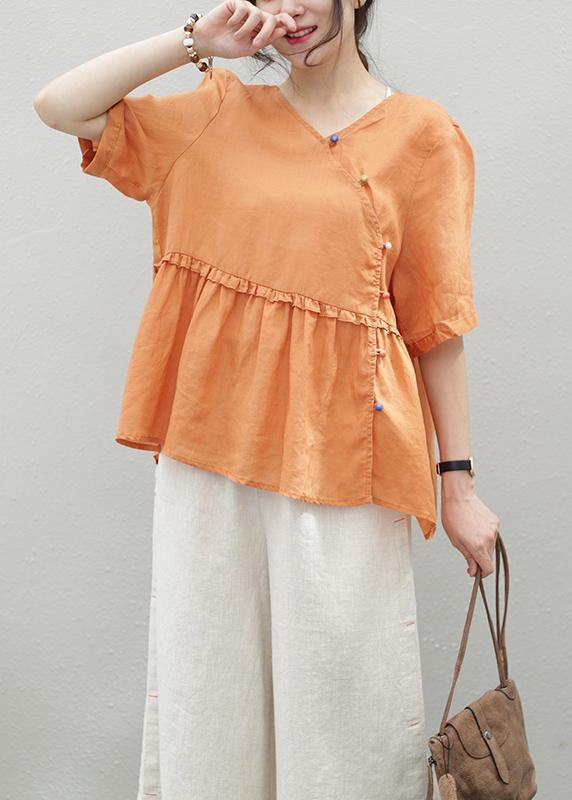 French orange linen clothes o neck Cinched Knee blouse - SooLinen