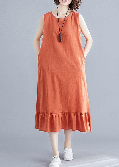 French orange linen cotton quilting clothes o neck sleeveless Love summer Dress - SooLinen