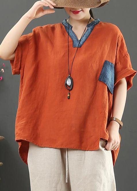 French orange linen tops women v neck pockets silhouette shirt - SooLinen