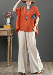 French orange linen tops women v neck pockets silhouette shirt - SooLinen