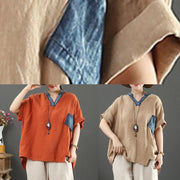 French orange linen tops women v neck pockets silhouette shirt - SooLinen