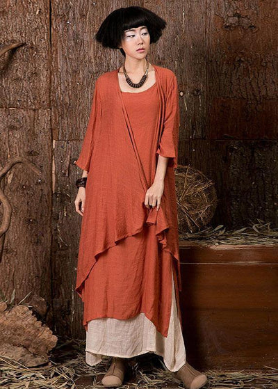 French orange linen tunic top bracelet sleeved loose summer cardigan - SooLinen