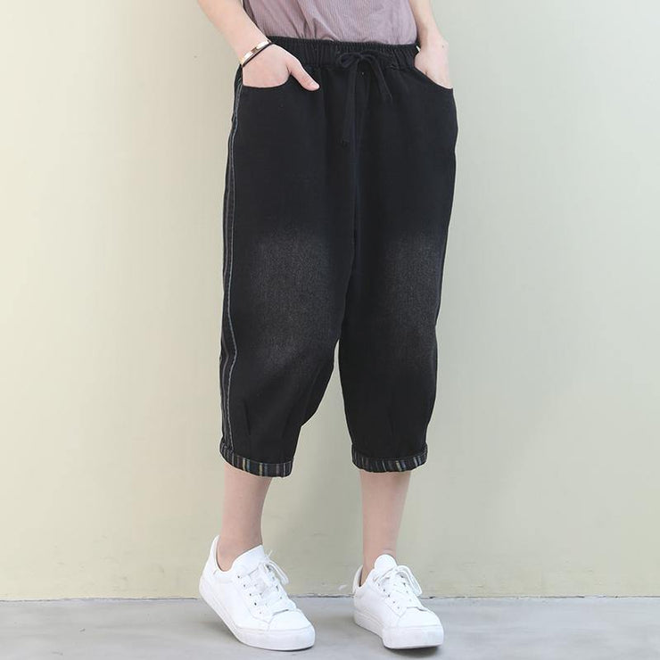 French pants plus size denim black elastic waist pockets pants - SooLinen