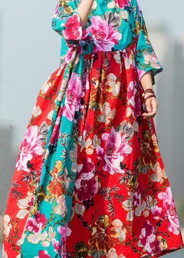 French patchwork o neck linen dresses Inspiration red green print Dress summer - SooLinen