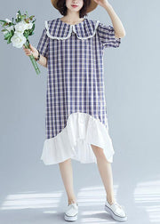 French patchwork ruffles linen clothes Outfits blue plaid Dresses summer - SooLinen