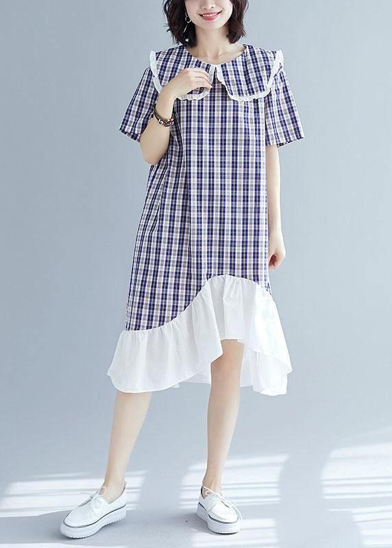 French patchwork ruffles linen clothes Outfits blue plaid Dresses summer - SooLinen