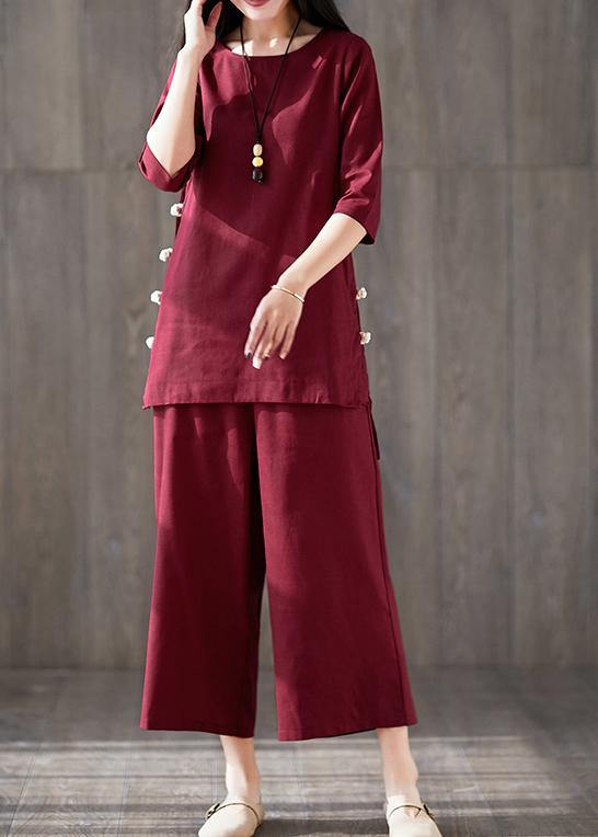 French red cotton clothes For Women Fitted linen wide leg pants two pieces Maxi o neck Chinese Button tops - SooLinen