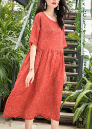 French red dotted linen dresses o neck patchwork long summer Dress - SooLinen