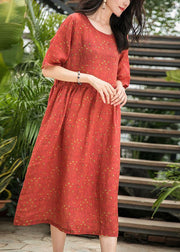 French red dotted linen dresses o neck patchwork long summer Dress - SooLinen