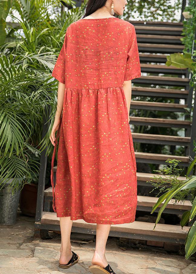 French red dotted linen dresses o neck patchwork long summer Dress - SooLinen