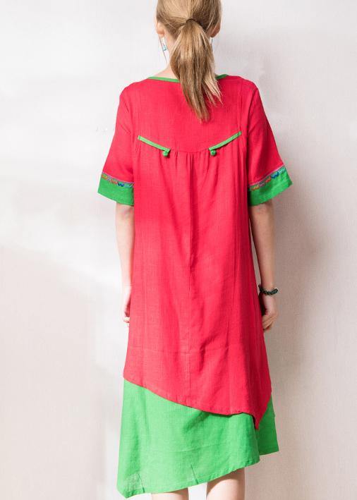 French red embroidery cotton tunic pattern o neck patchwork Art summer Dresses - SooLinen