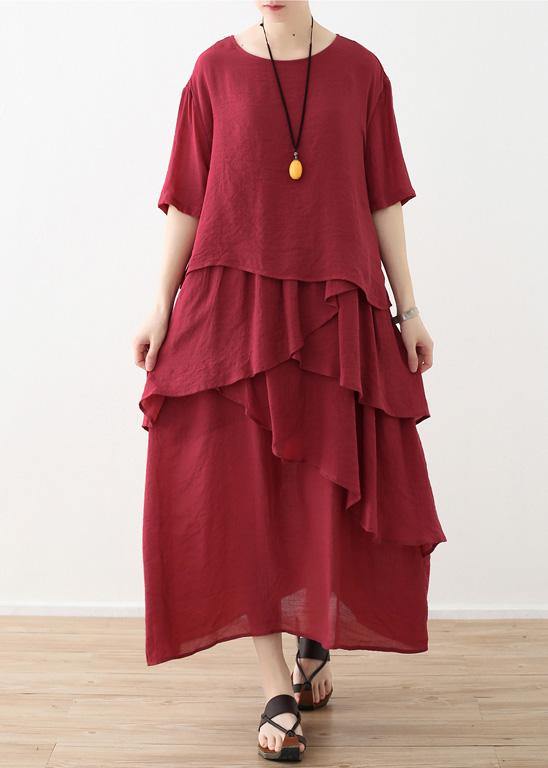 French red linen cotton dresses Omychic Tutorials asymmetric Robe summer Dresses - SooLinen