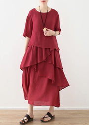 French red linen cotton dresses Omychic Tutorials asymmetric Robe summer Dresses - SooLinen