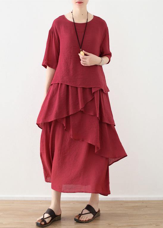 French red linen cotton dresses Omychic Tutorials asymmetric Robe summer Dresses - SooLinen