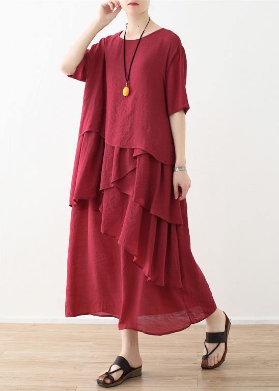 French red linen cotton dresses Omychic Tutorials asymmetric Robe summer Dresses - SooLinen