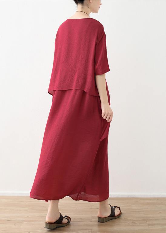 French red linen cotton dresses Omychic Tutorials asymmetric Robe summer Dresses - SooLinen