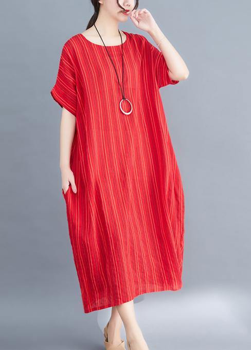 French red linen cotton dresses striped cotton summer Dress - SooLinen