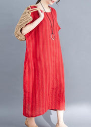 French red linen cotton dresses striped cotton summer Dress - SooLinen