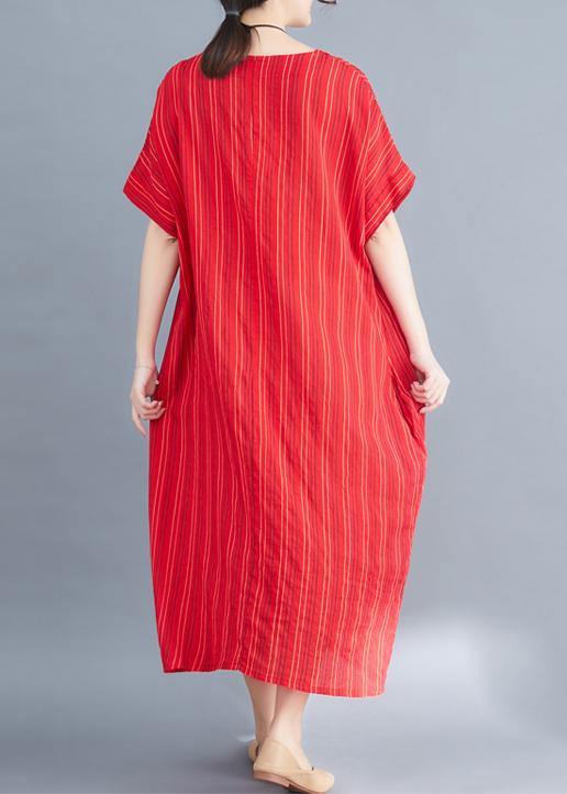 French red linen cotton dresses striped cotton summer Dress - SooLinen