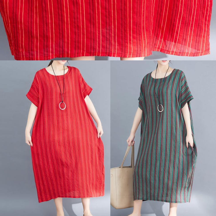 French red linen cotton dresses striped cotton summer Dress - SooLinen