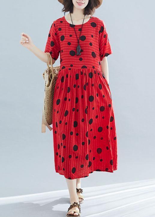 French red linen cotton tunic pattern dotted short summer Dress - SooLinen