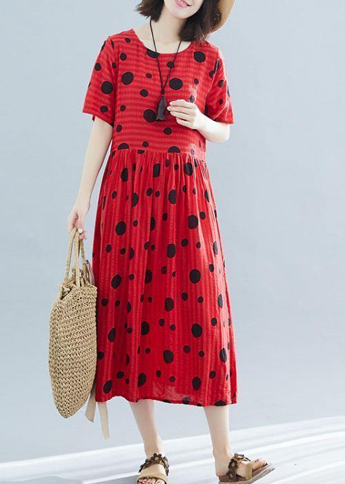 French red linen cotton tunic pattern dotted short summer Dress - SooLinen