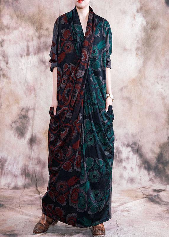 French red patchwork green print cotton tunic v neck Cinched long fall Dresses - SooLinen