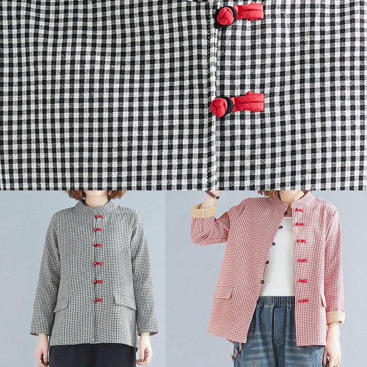 French red plaid cotton linen top silhouette Outfits stand collar pockets blouses - SooLinen