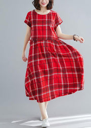 French red plaid linen cotton quilting clothes big hem Dresses summer Dresses - SooLinen