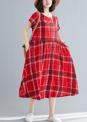 French red plaid linen cotton quilting clothes big hem Dresses summer Dresses - SooLinen