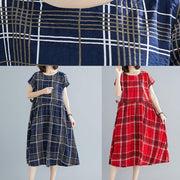 French red plaid linen cotton quilting clothes big hem Dresses summer Dresses - SooLinen