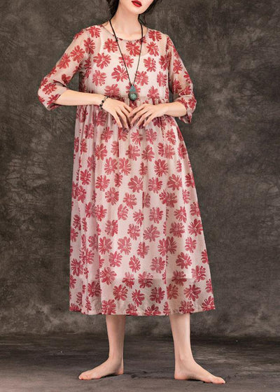 French red print dresses o neck patchwork summer Dresses - SooLinen