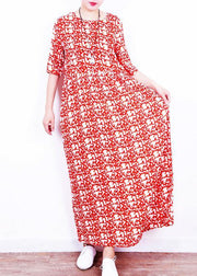 French red print linen Wardrobes o neck Cinched Art summer Dresses - SooLinen