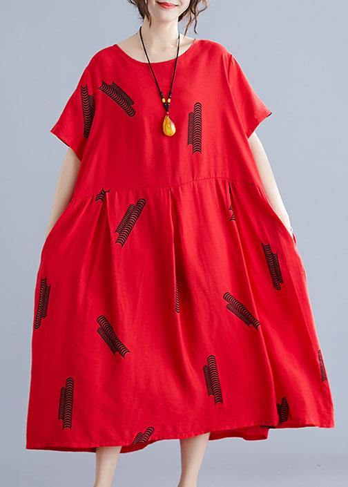 French red prints linen dresses Cinched Maxi summer Dress - SooLinen