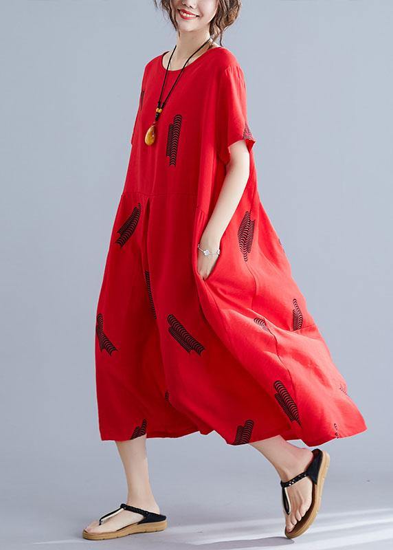 French red prints linen dresses Cinched Maxi summer Dress - SooLinen