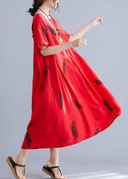 French red prints linen dresses Cinched Maxi summer Dress - SooLinen