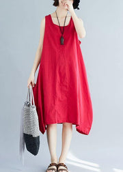 French red sleeveless linen clothes loose waist loose summer Dresses - SooLinen