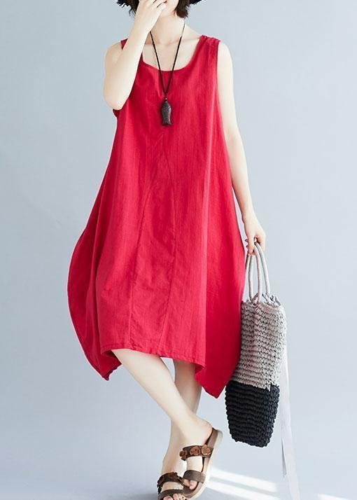 French red sleeveless linen clothes loose waist loose summer Dresses - SooLinen