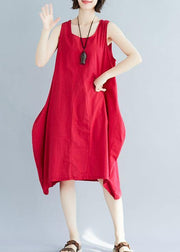 French red sleeveless linen clothes loose waist loose summer Dresses - SooLinen