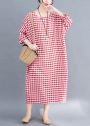 French red white plaid cotton linen plus size Photography Maxi summer Dresses - SooLinen