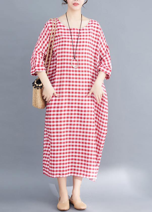 French red white plaid cotton linen plus size Photography Maxi summer Dresses - SooLinen