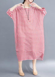 French red white plaid cotton linen plus size Photography Maxi summer Dresses - SooLinen