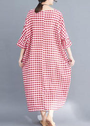 French red white plaid cotton linen plus size Photography Maxi summer Dresses - SooLinen