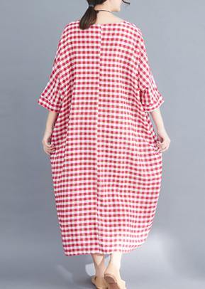 French red white plaid cotton linen plus size Photography Maxi summer Dresses - SooLinen