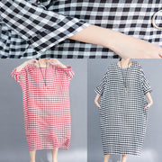 French red white plaid cotton linen plus size Photography Maxi summer Dresses - SooLinen